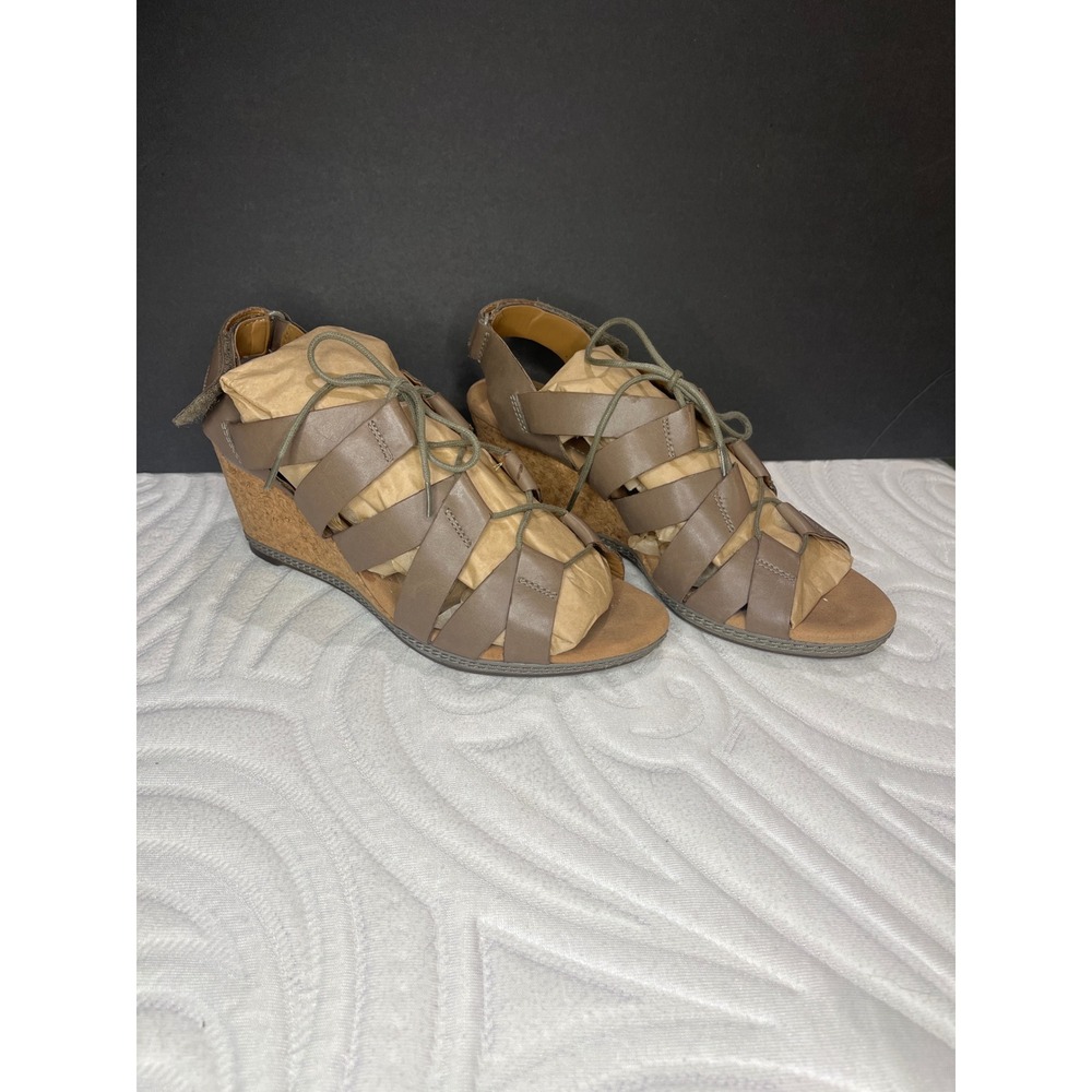 Clarks Collection Taupe Leather Lace Up Cork Wedge Sandals Womens 9 Cushion Soft